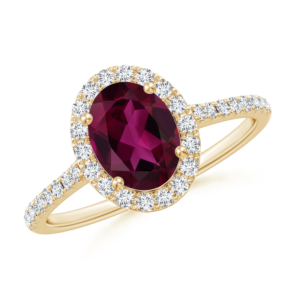 8x6mm AAA Double Claw-Set Oval Rhodolite Halo Ring with Diamonds in Yellow Gold