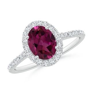 8x6mm AAAA Double Claw-Set Oval Rhodolite Halo Ring with Diamonds in P950 Platinum