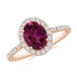 8x6mm AAAA Double Claw-Set Oval Rhodolite Halo Ring with Diamonds in Rose Gold