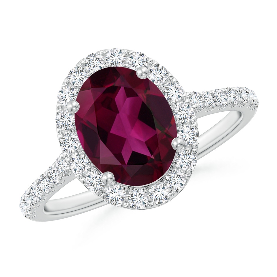 9x7mm AAA Double Claw-Set Oval Rhodolite Halo Ring with Diamonds in White Gold 