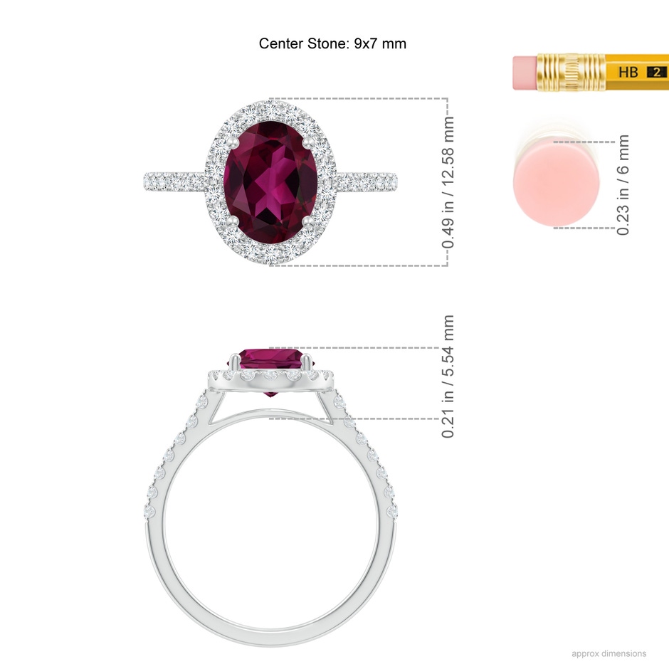 9x7mm AAA Double Claw-Set Oval Rhodolite Halo Ring with Diamonds in White Gold ruler