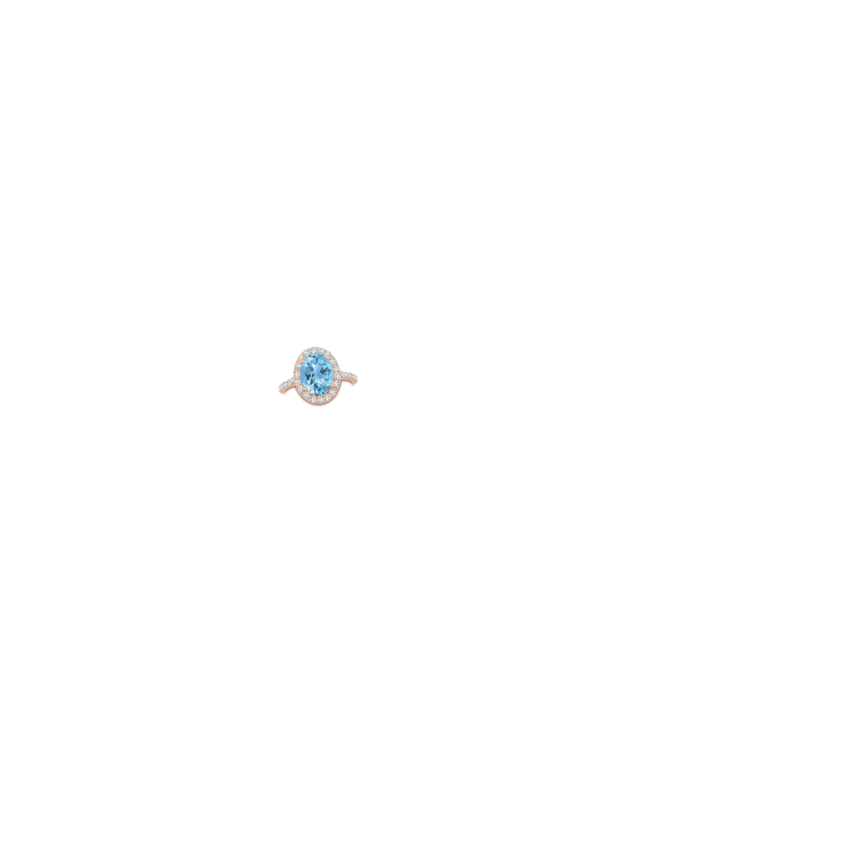 10x8mm A Prong-Set Oval Swiss Blue Topaz Halo Ring with Diamonds in Rose Gold hand