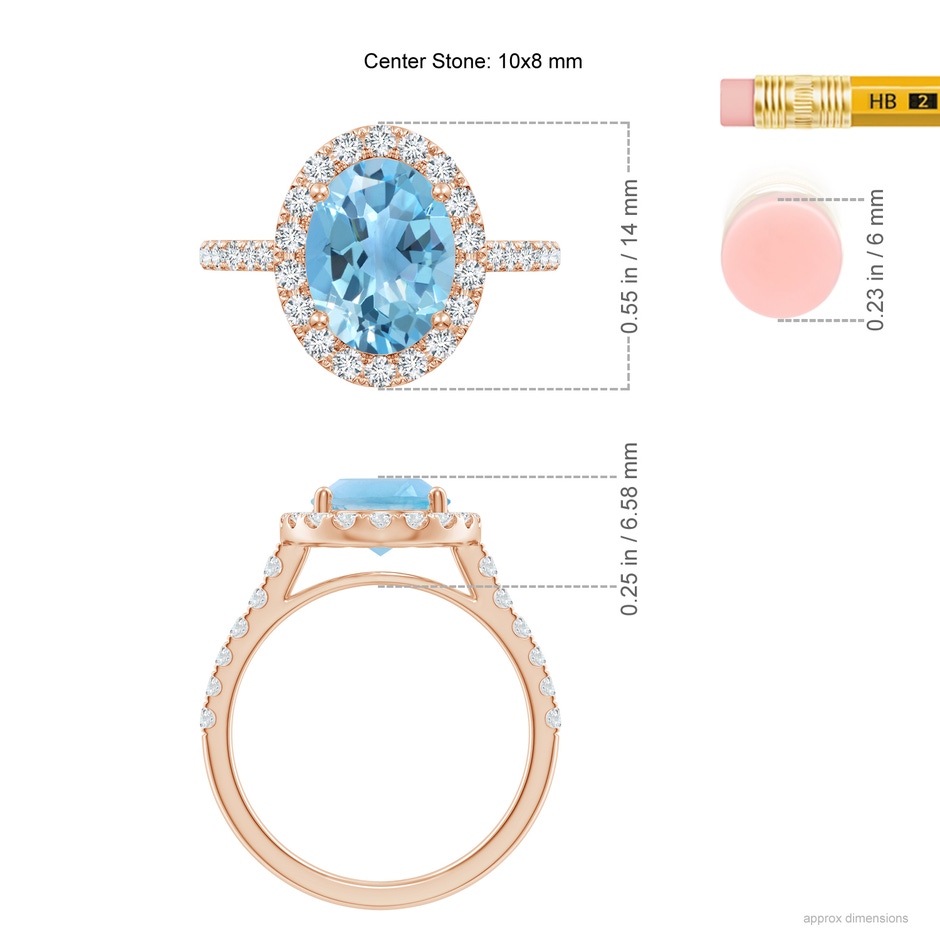 10x8mm A Prong-Set Oval Swiss Blue Topaz Halo Ring with Diamonds in Rose Gold ruler