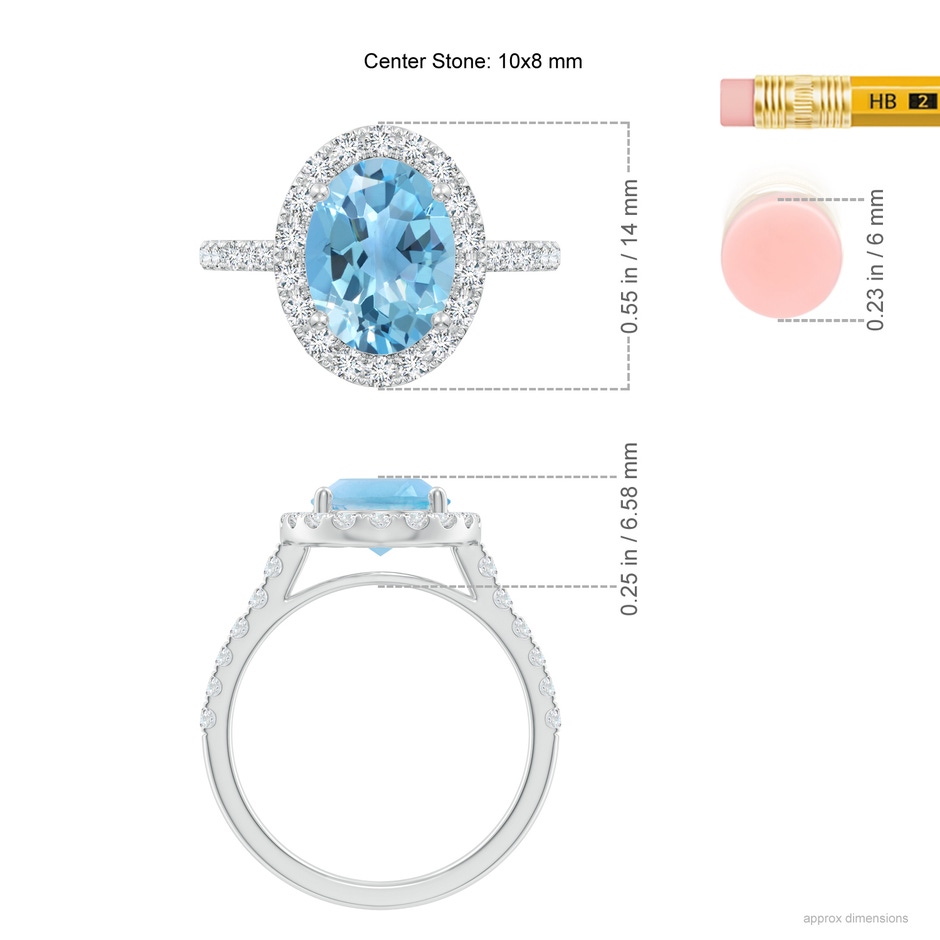 10x8mm A Prong-Set Oval Swiss Blue Topaz Halo Ring with Diamonds in White Gold ruler