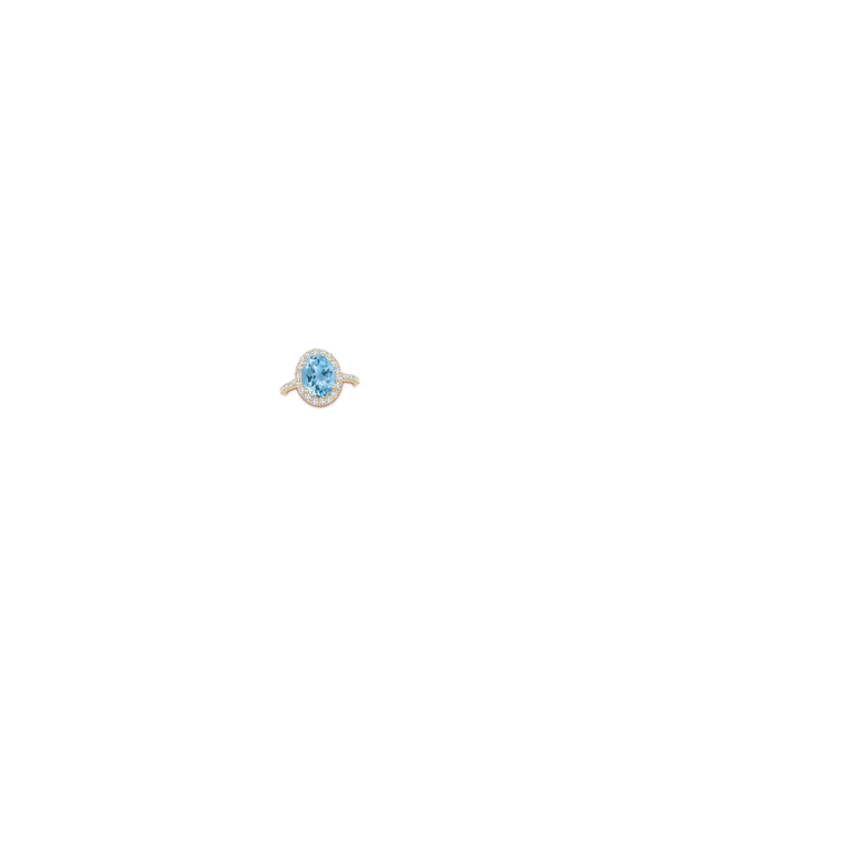 10x8mm A Prong-Set Oval Swiss Blue Topaz Halo Ring with Diamonds in Yellow Gold hand