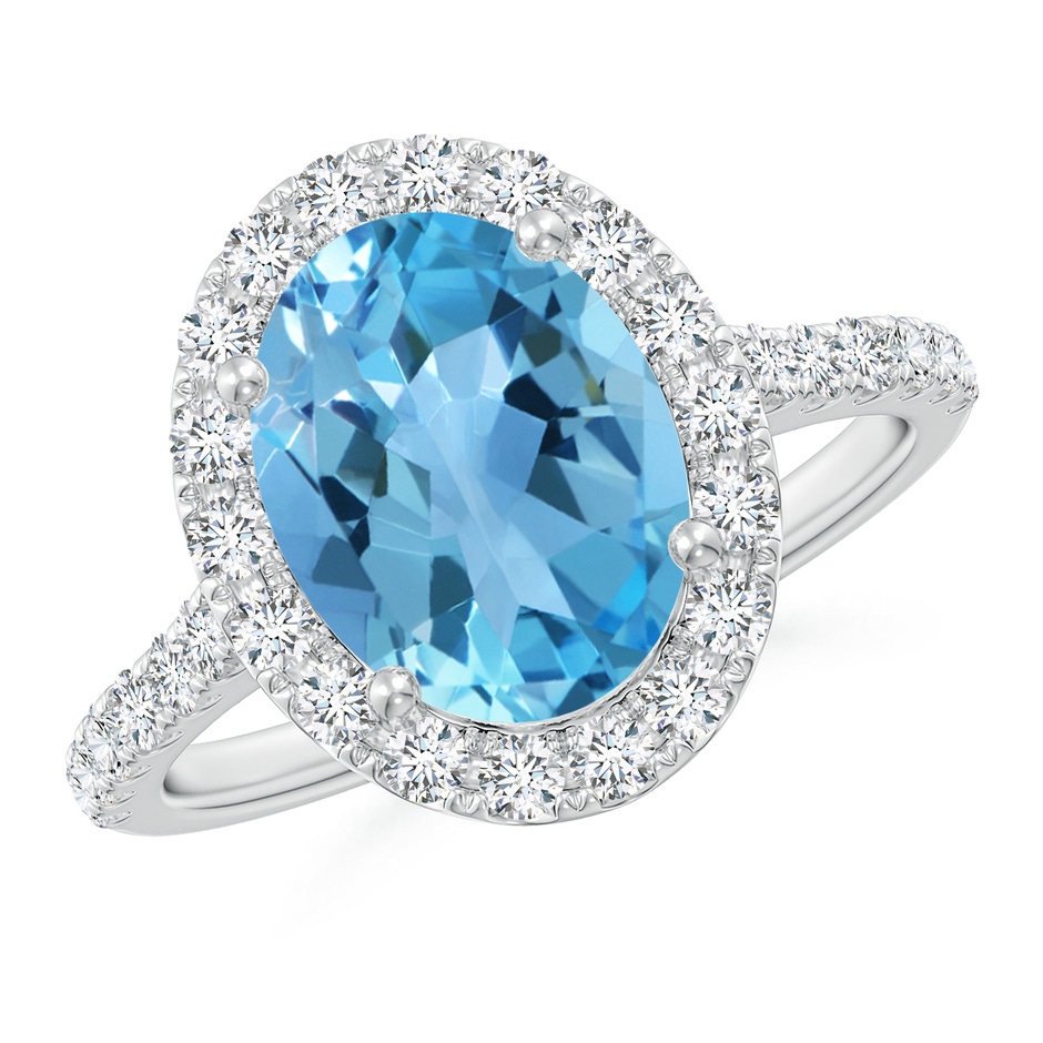 10x8mm AA Prong-Set Oval Swiss Blue Topaz Halo Ring with Diamonds in White Gold 