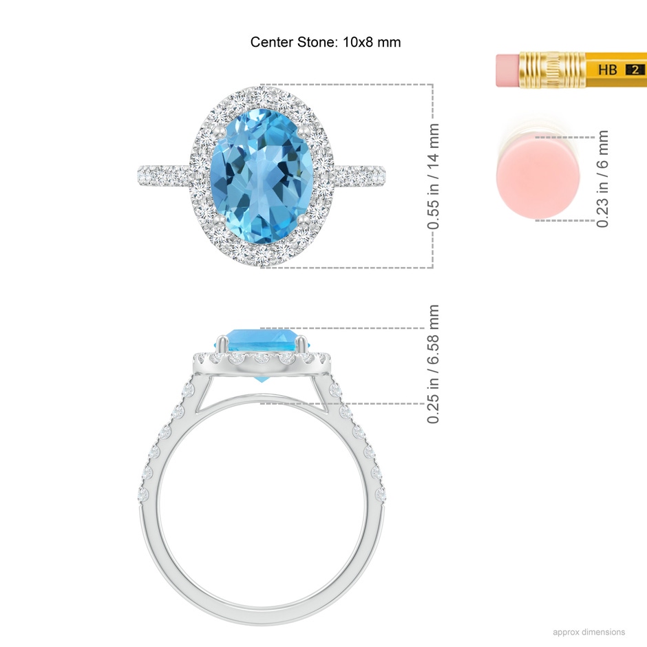 10x8mm AA Prong-Set Oval Swiss Blue Topaz Halo Ring with Diamonds in White Gold ruler