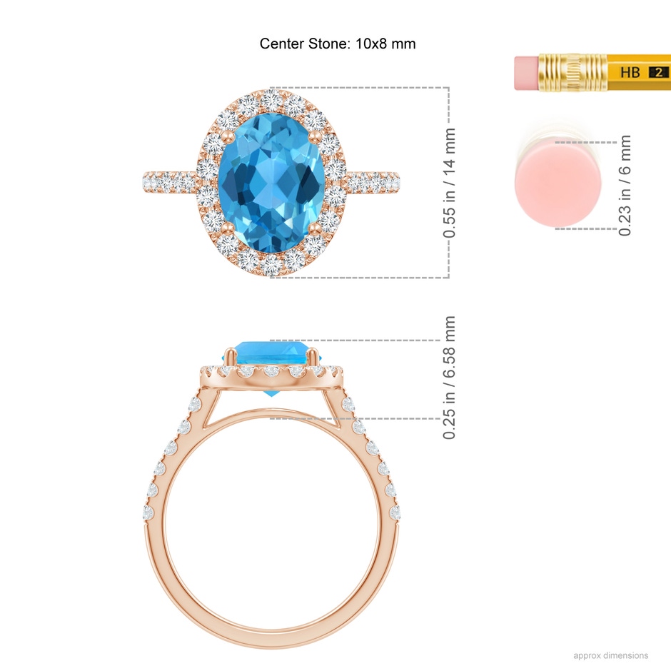 10x8mm AAA Prong-Set Oval Swiss Blue Topaz Halo Ring with Diamonds in Rose Gold ruler