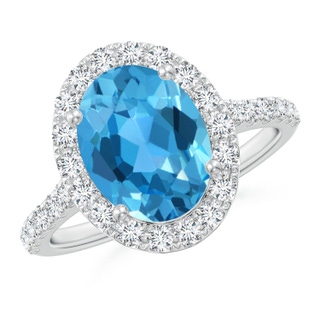 10x8mm AAA Prong-Set Oval Swiss Blue Topaz Halo Ring with Diamonds in White Gold