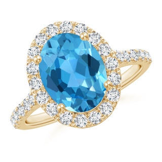 10x8mm AAA Prong-Set Oval Swiss Blue Topaz Halo Ring with Diamonds in Yellow Gold