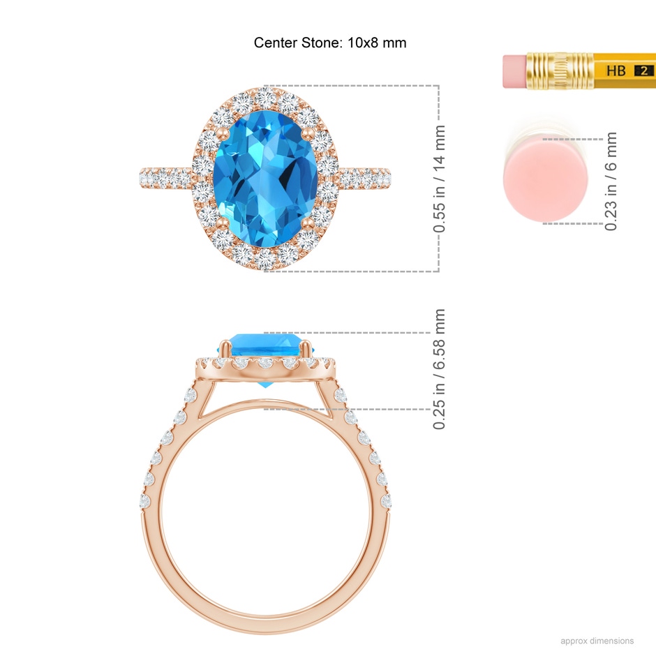 10x8mm AAAA Prong-Set Oval Swiss Blue Topaz Halo Ring with Diamonds in Rose Gold ruler