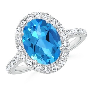 10x8mm AAAA Prong-Set Oval Swiss Blue Topaz Halo Ring with Diamonds in White Gold