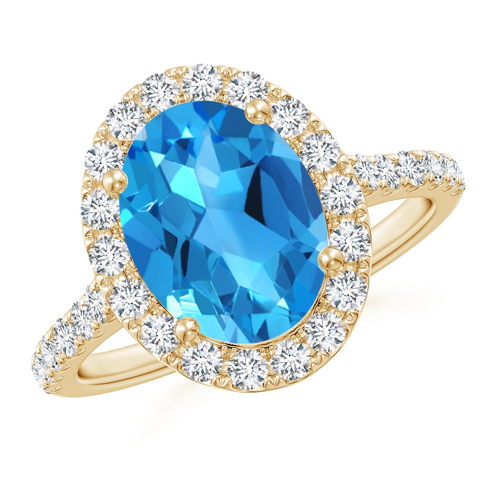 10x8mm AAAA Prong-Set Oval Swiss Blue Topaz Halo Ring with Diamonds in Yellow Gold