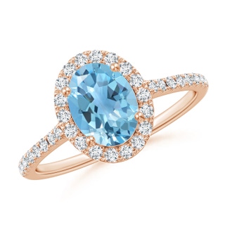 8x6mm A Prong-Set Oval Swiss Blue Topaz Halo Ring with Diamonds in 10K Rose Gold