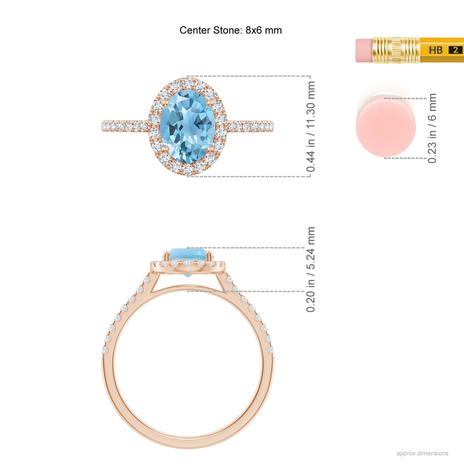 8x6mm A Prong-Set Oval Swiss Blue Topaz Halo Ring with Diamonds in Rose Gold ruler