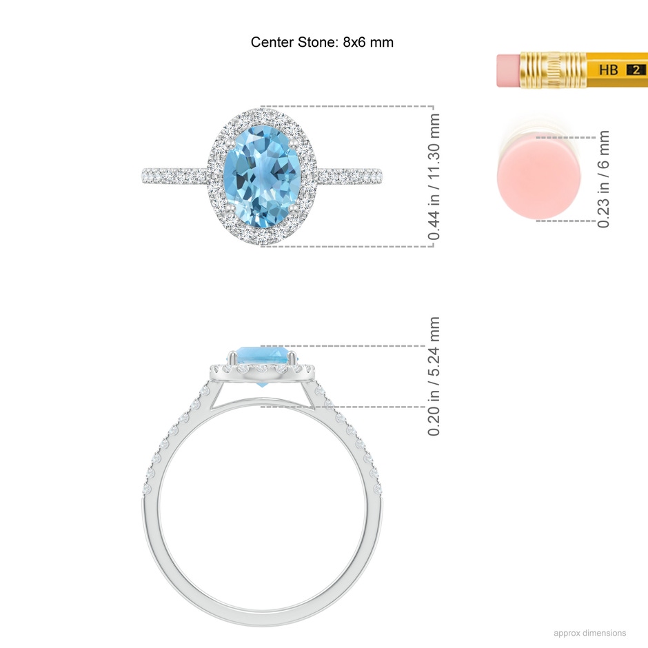 8x6mm A Prong-Set Oval Swiss Blue Topaz Halo Ring with Diamonds in White Gold ruler
