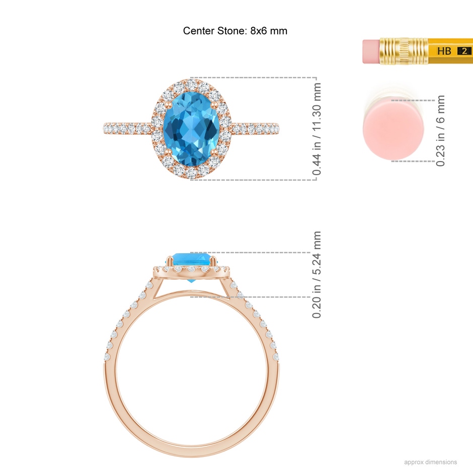 8x6mm AAA Prong-Set Oval Swiss Blue Topaz Halo Ring with Diamonds in Rose Gold ruler