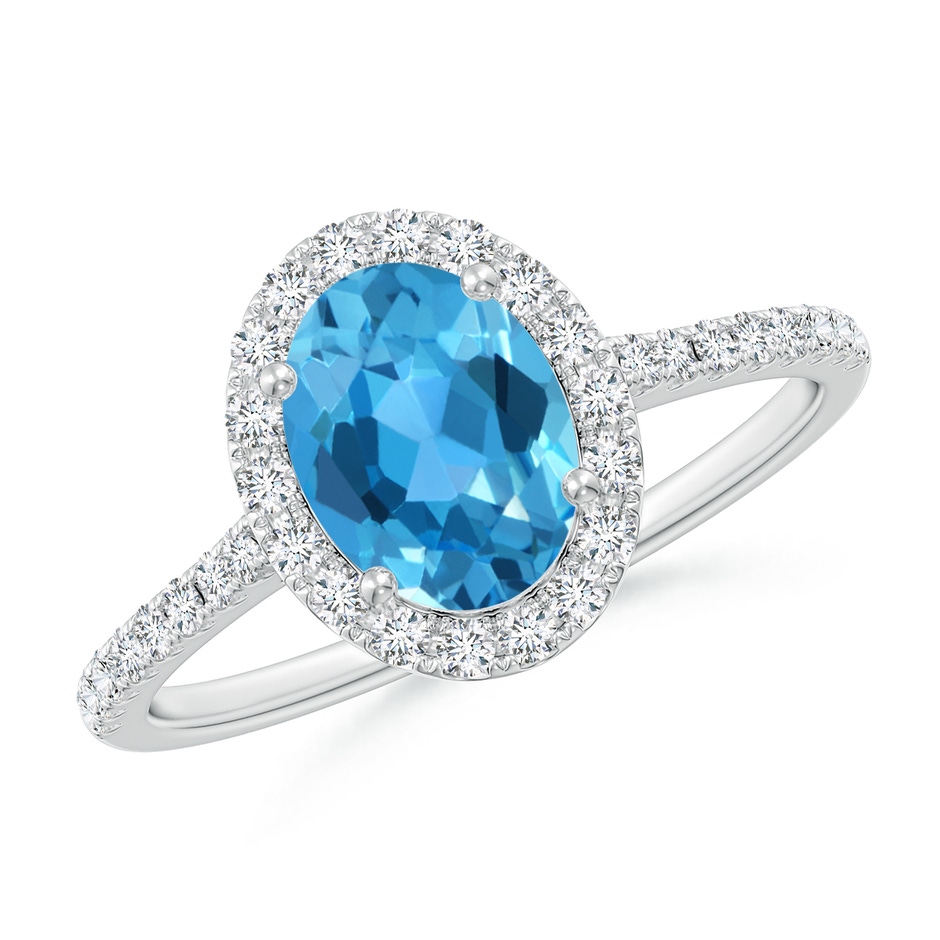 8x6mm AAA Prong-Set Oval Swiss Blue Topaz Halo Ring with Diamonds in White Gold 