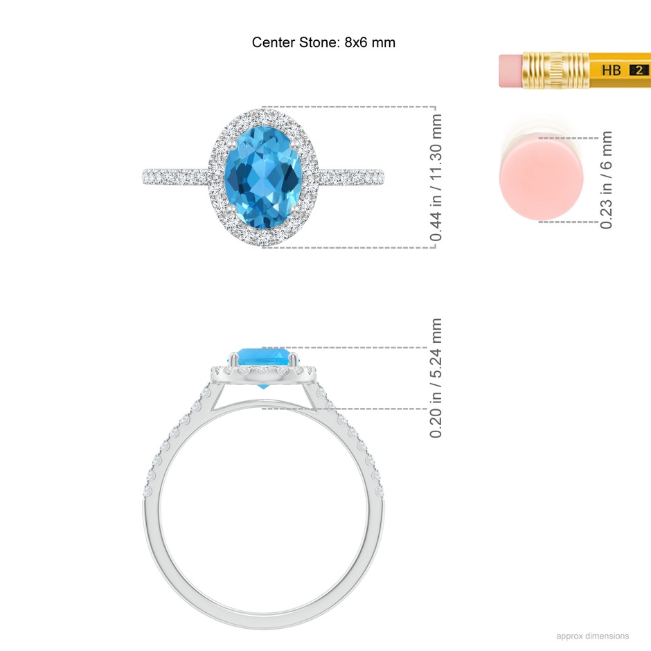 8x6mm AAA Prong-Set Oval Swiss Blue Topaz Halo Ring with Diamonds in White Gold ruler