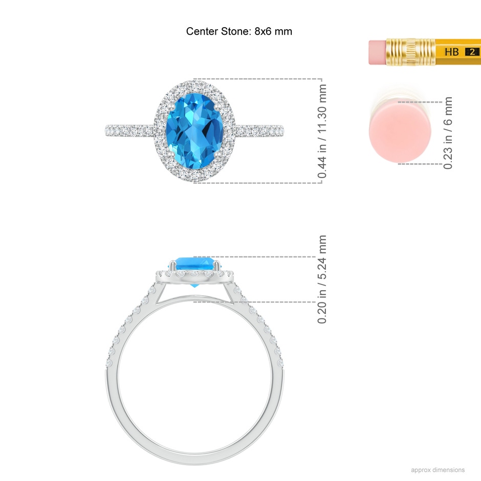 8x6mm AAAA Prong-Set Oval Swiss Blue Topaz Halo Ring with Diamonds in P950 Platinum ruler