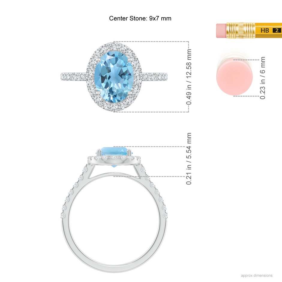 9x7mm A Prong-Set Oval Swiss Blue Topaz Halo Ring with Diamonds in White Gold ruler