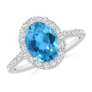 9x7mm AAA Prong-Set Oval Swiss Blue Topaz Halo Ring with Diamonds in White Gold