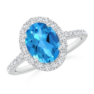 9x7mm AAAA Prong-Set Oval Swiss Blue Topaz Halo Ring with Diamonds in P950 Platinum