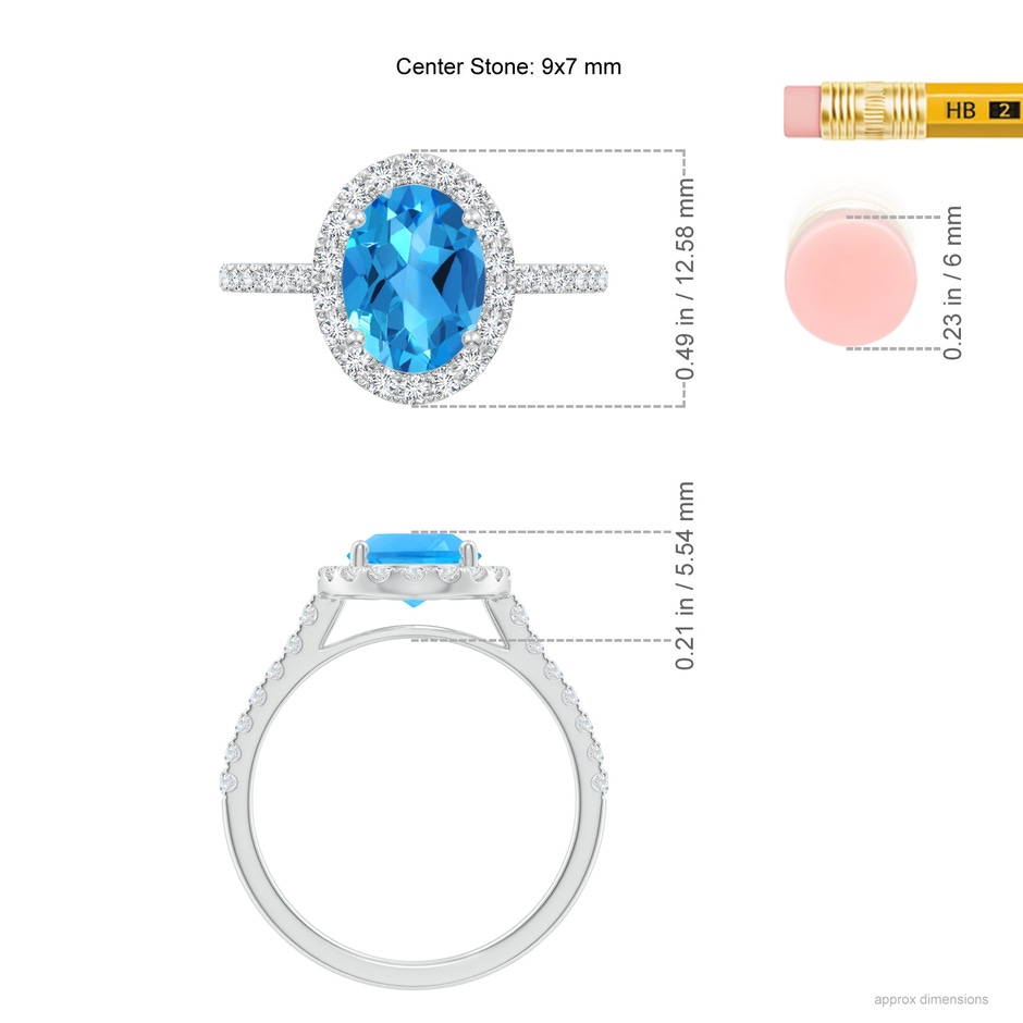 9x7mm AAAA Prong-Set Oval Swiss Blue Topaz Halo Ring with Diamonds in White Gold ruler