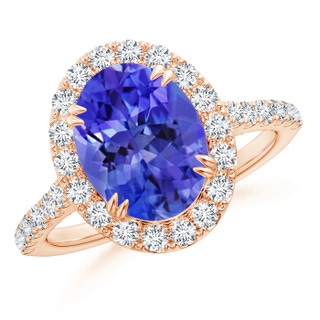10x8mm AAA Double Claw-Set Oval Tanzanite Halo Ring with Diamonds in Rose Gold