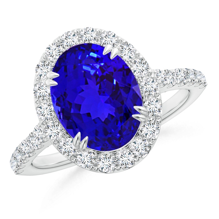 10x8mm AAAA Double Claw-Set Oval Tanzanite Halo Ring with Diamonds in P950 Platinum