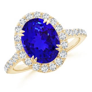 10x8mm AAAA Double Claw-Set Oval Tanzanite Halo Ring with Diamonds in Yellow Gold