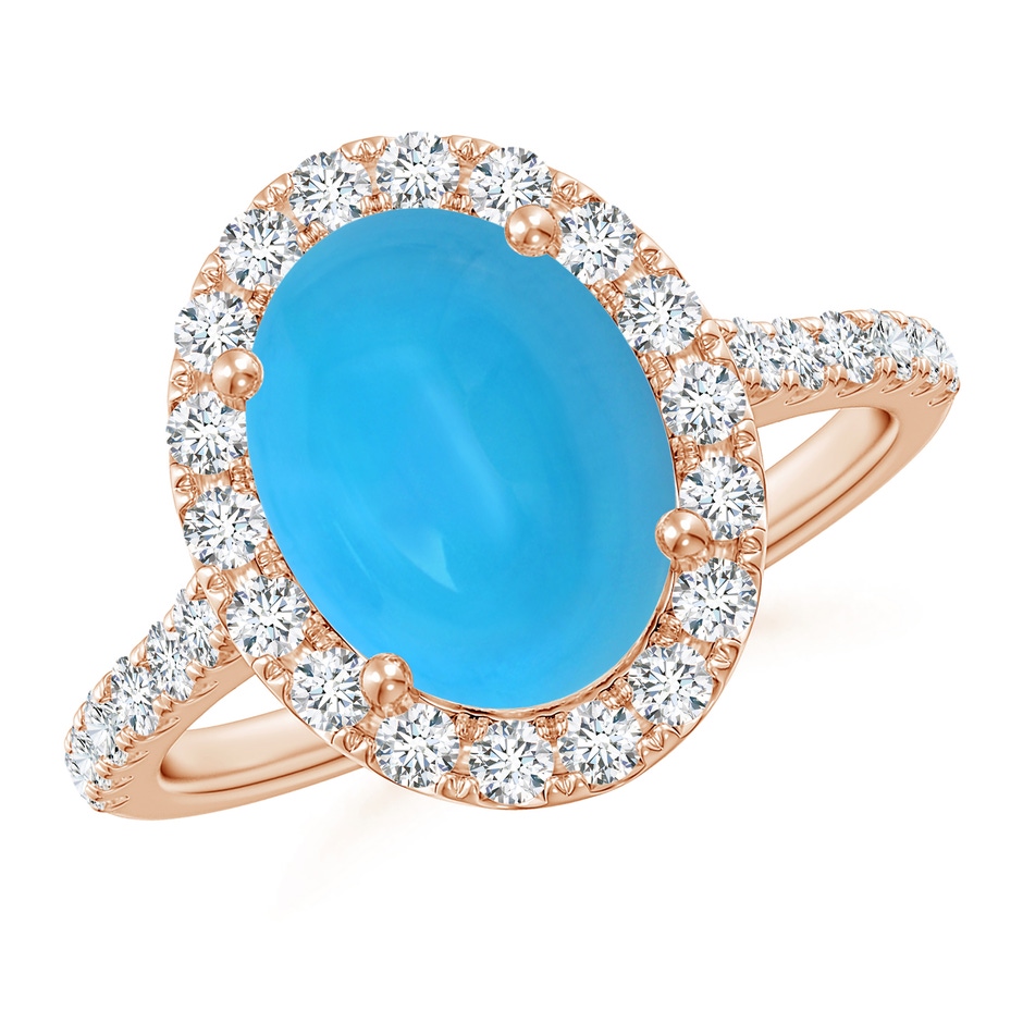 10x8mm AAAA Double Claw-Set Oval Turquoise Halo Ring with Diamonds in Rose Gold 