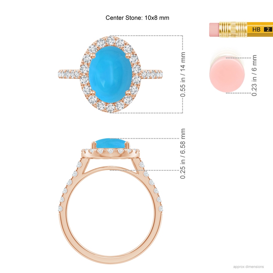 10x8mm AAAA Double Claw-Set Oval Turquoise Halo Ring with Diamonds in Rose Gold ruler