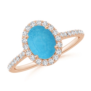 8x6mm A Double Claw-Set Oval Turquoise Halo Ring with Diamonds in Rose Gold