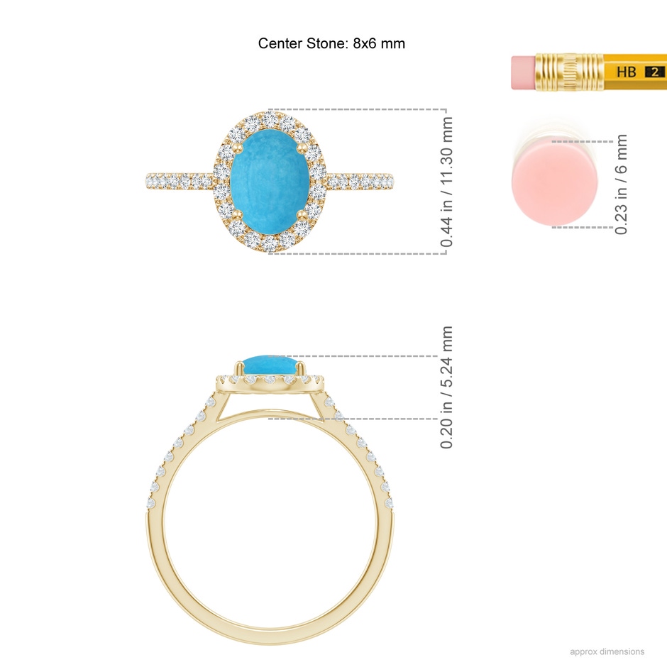 8x6mm A Double Claw-Set Oval Turquoise Halo Ring with Diamonds in Yellow Gold ruler
