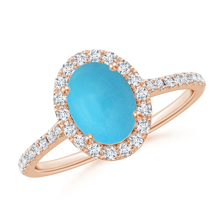8x6mm AA Double Claw-Set Oval Turquoise Halo Ring with Diamonds in Rose Gold 