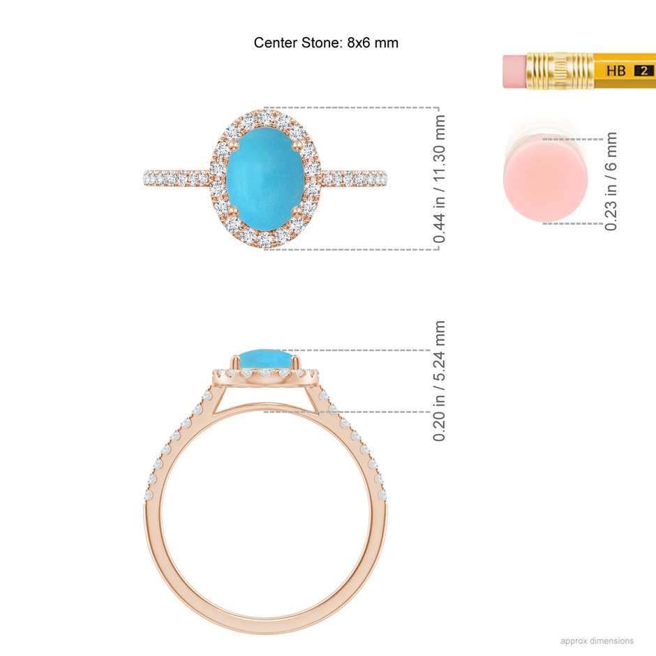 8x6mm AA Double Claw-Set Oval Turquoise Halo Ring with Diamonds in Rose Gold ruler