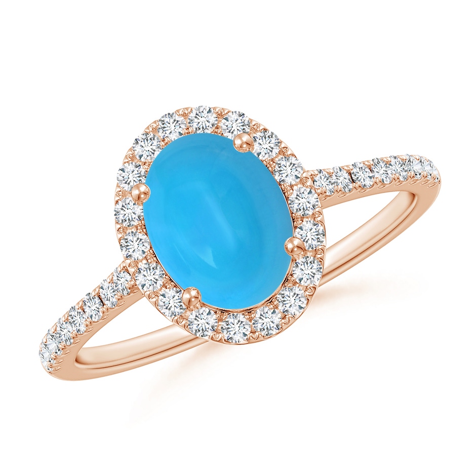 8x6mm AAAA Double Claw-Set Oval Turquoise Halo Ring with Diamonds in Rose Gold 