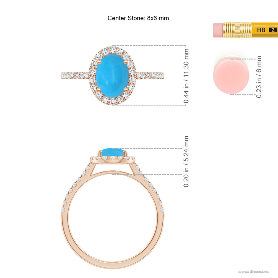 8x6mm AAAA Double Claw-Set Oval Turquoise Halo Ring with Diamonds in Rose Gold ruler