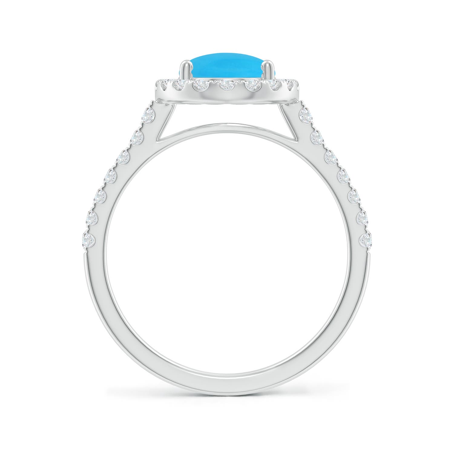9x7mm AAA Double Claw-Set Oval Turquoise Halo Ring with Diamonds in White Gold - side 2