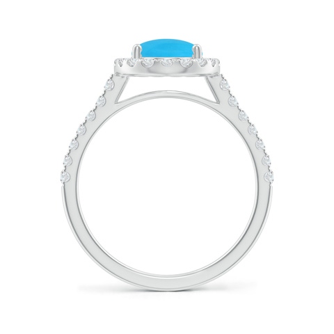 9x7mm AAA Double Claw-Set Oval Turquoise Halo Ring with Diamonds in White Gold - side 2