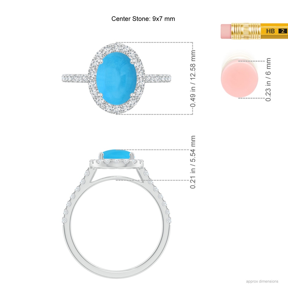 9x7mm AAA Double Claw-Set Oval Turquoise Halo Ring with Diamonds in White Gold ruler