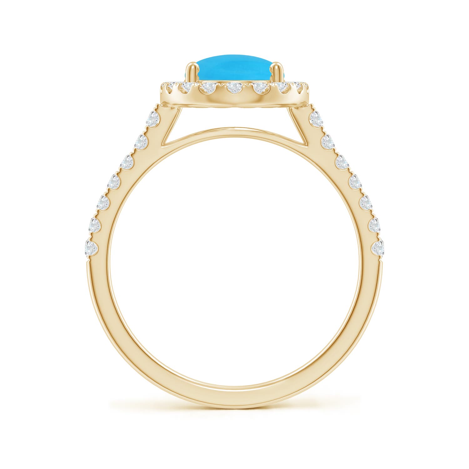 9x7mm AAA Double Claw-Set Oval Turquoise Halo Ring with Diamonds in Yellow Gold