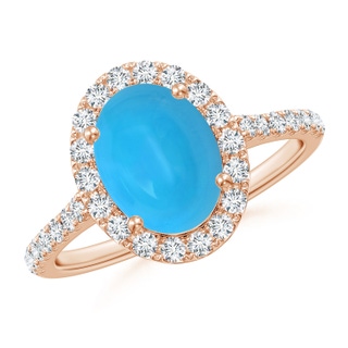 9x7mm AAAA Double Claw-Set Oval Turquoise Halo Ring with Diamonds in Rose Gold