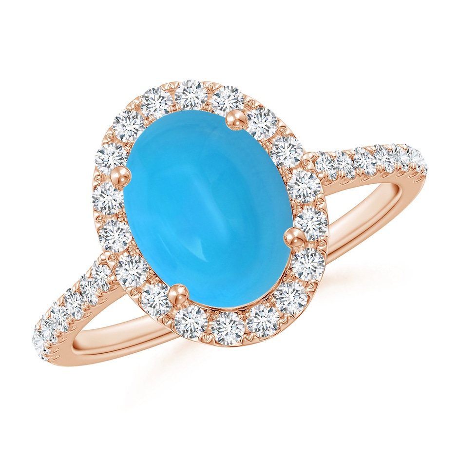 9x7mm AAAA Double Claw-Set Oval Turquoise Halo Ring with Diamonds in Rose Gold 