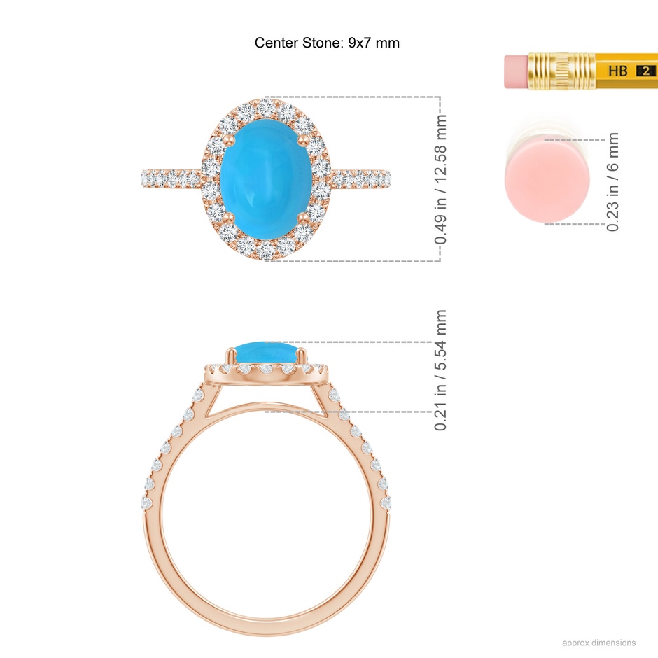 9x7mm AAAA Double Claw-Set Oval Turquoise Halo Ring with Diamonds in Rose Gold ruler