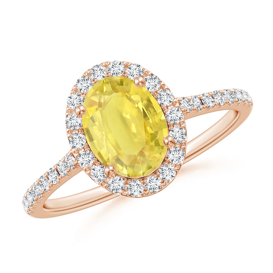 8x6mm A Prong-Set Oval Yellow Sapphire Halo Ring with Diamonds in 9K Rose Gold 