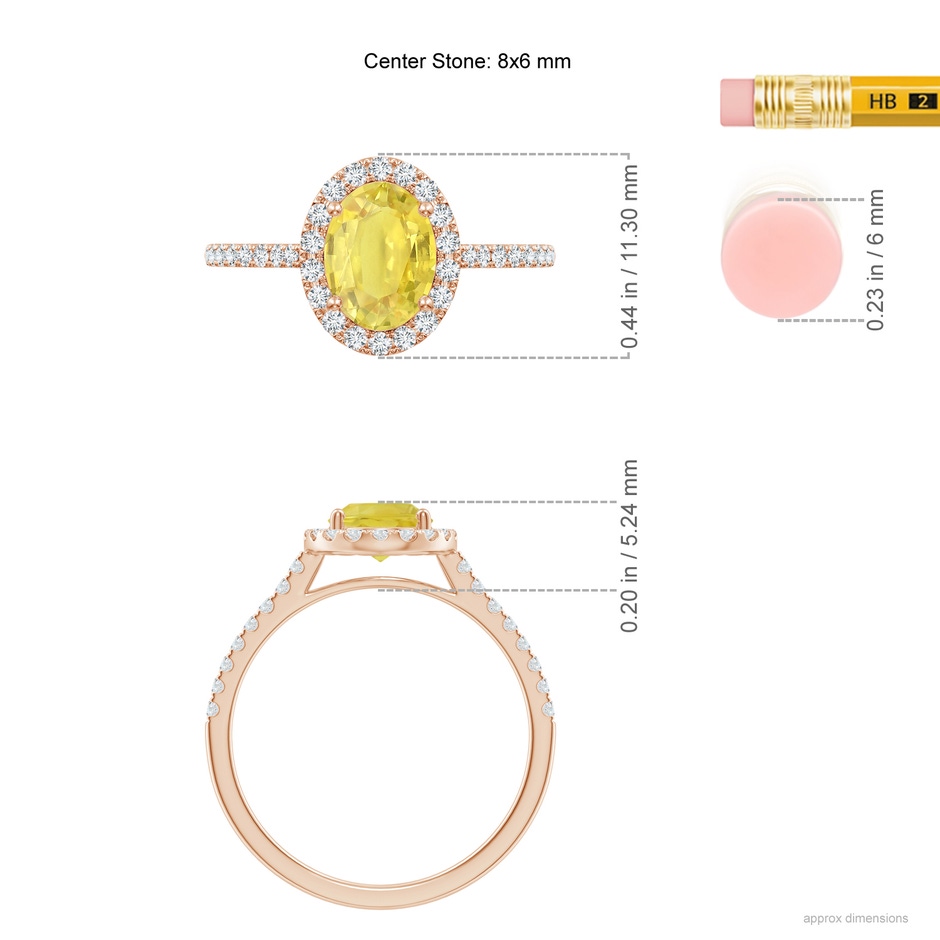 8x6mm A Prong-Set Oval Yellow Sapphire Halo Ring with Diamonds in 9K Rose Gold ruler
