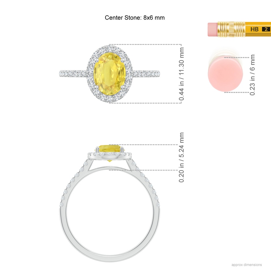 8x6mm A Double Claw-Set Oval Yellow Sapphire Halo Ring with Diamonds in White Gold ruler