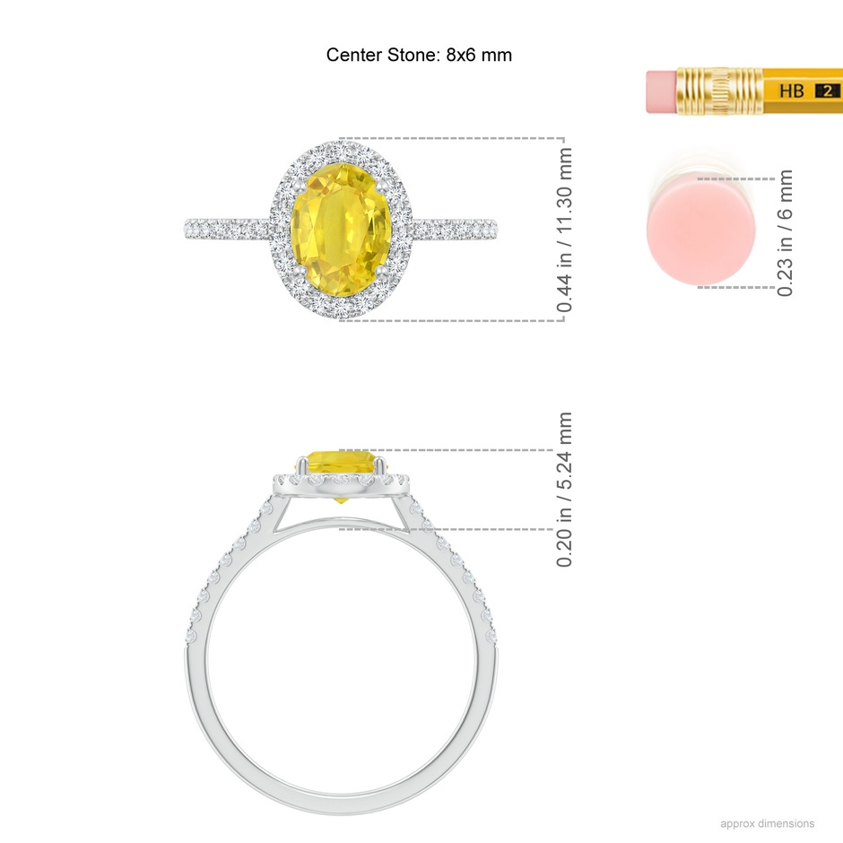8x6mm AA Prong-Set Oval Yellow Sapphire Halo Ring with Diamonds in 9K White Gold ruler